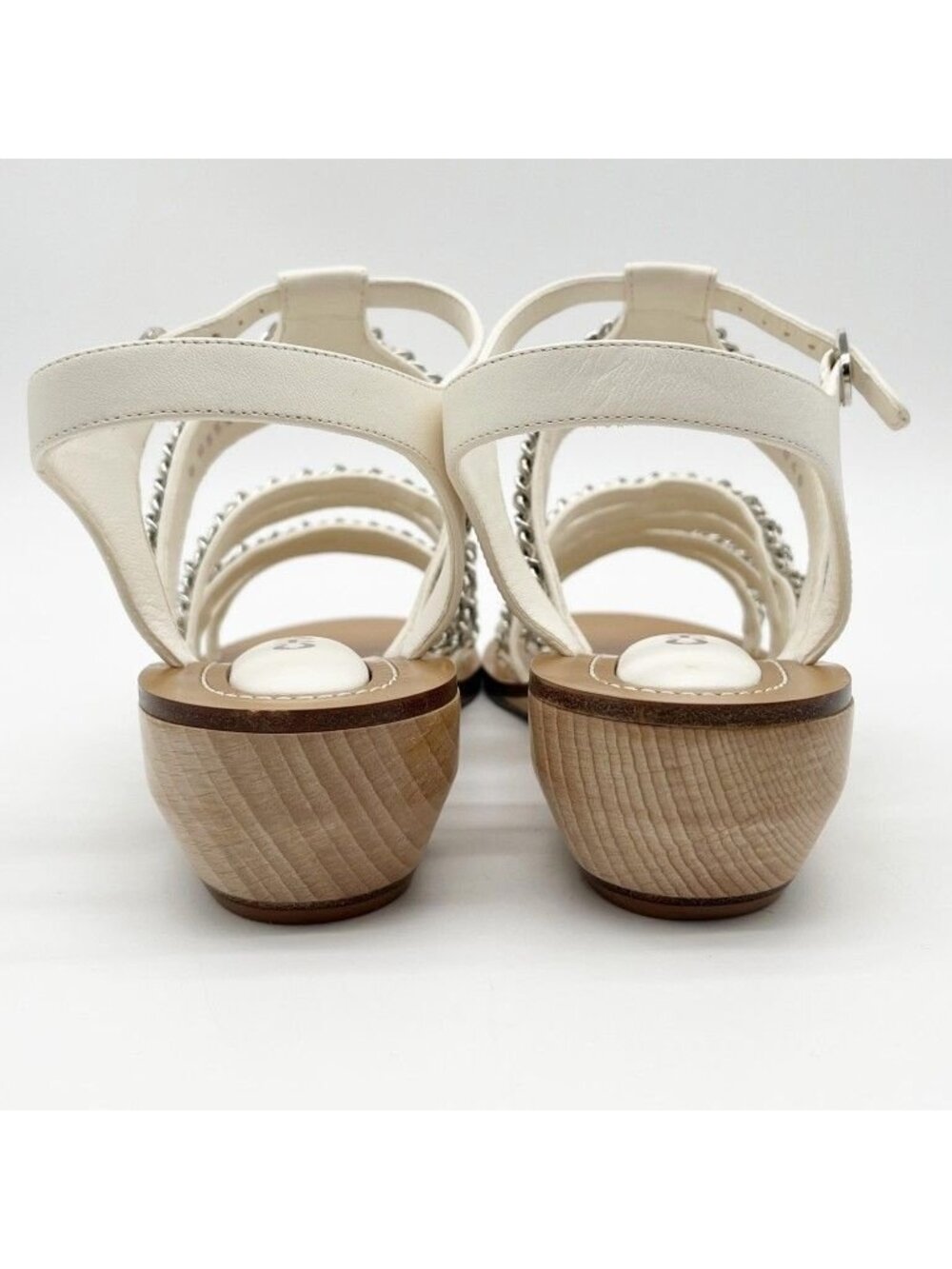 Chanel Sandals CC Logo White Leather Wood Strap Chain Silver - Picture 3 of 7